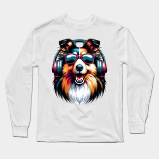 Smiling Shetland Sheepdog DJ Delights in Japanese Art Long Sleeve T-Shirt